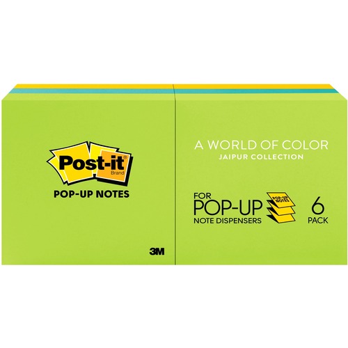 Post-it® Dispenser Notes - 600 - 3" Flag/Note Width x 3" Flag/Note Length - Square - 100 Sheets per Pad - Unruled - Green, Yellow, Blue - Paper - Pop-up, Self-adhesive, Repositionable - 6 / Pack