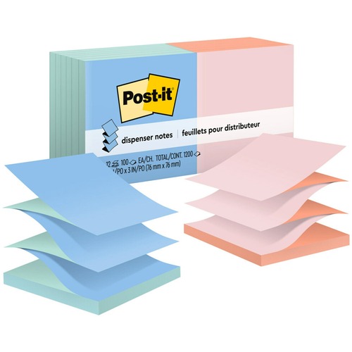 Post-it® Dispenser Notes - Alternating Pastel Colors - 1200 - 3" x 3" - Square - 100 Sheets per Pad - Unruled - Fresh Mint, Canary Yellow, Pink Salt, Papaya Fizz - Paper - Refillable, Pop-up, Self-adhesive, Repositionable - 12 / Pack