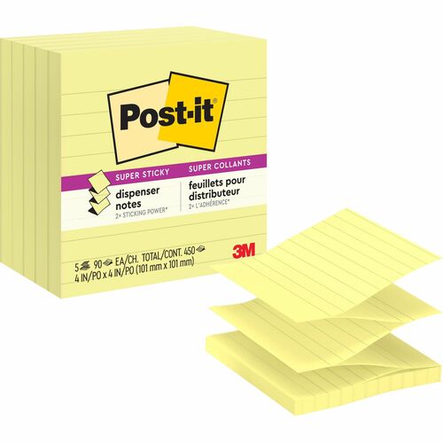 Post-it® Super Sticky Lined Dispenser Notes - 450 - 4" x 4" - Square - 90 Sheets per Pad - Ruled - Canary Yellow - Paper - Pop-up, Self-adhesive - 5 / Pack