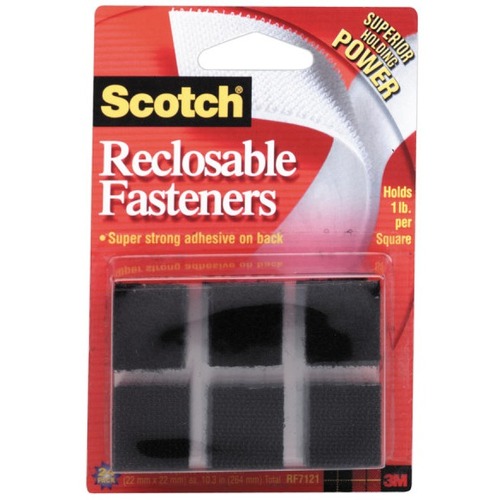 Scotch Recloseable Fasteners, Black, 7/8" x 7/8" Squares, Pack Of 24 - 0.88" Length x 0.88" Width - Black - 24 / Pack