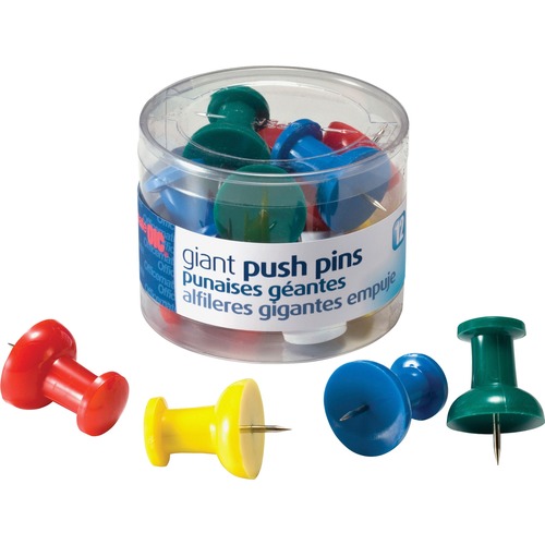 Officemate Giant Push Pins - 1.5" Length - 12 / Pack - Assorted