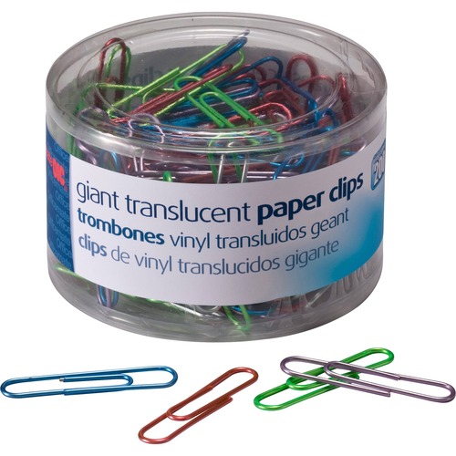 Officemate Giant Translucent Vinyl Paper Clips - Jumbo - 2" Length x 0.5" Width - 200 / Pack - Blue, Red, Green, Silver, Purple - Vinyl