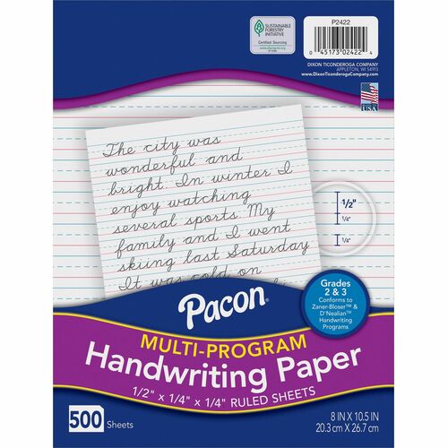 Pacon Multi-Program Handwriting Papers - 500 Sheets - 0.50" Ruled - Unruled Margin - 8" x 10 1/2" Sheet Size - White Paper - Hard Cover - 500 / Ream