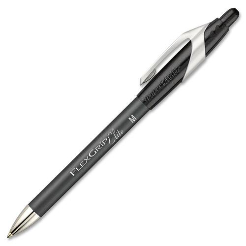 Paper Mate FlexGrip Elite Retractable Ballpoint Pens - Medium Pen Point - Refillable - Retractable - Black - Black Rubber Barrel - Metal Tip - 12 / Dozen