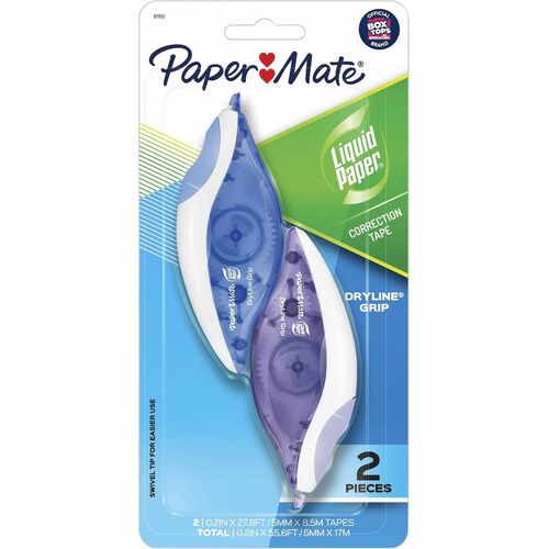 Paper Mate Translucent Dryline Grip Correction Tape - 0.20" Width x 27.89 ft Length - 1 Line(s) - White Tape - Ergonomic Assorted Dispenser - Break Resistant, Tear Resistant - 2 / Pack - Assorted
