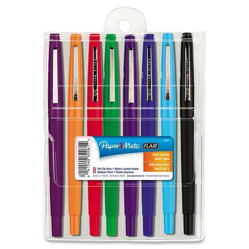 Paper Mate Flair Point Guard Felt Tip Marker Pens - Medium Pen Point - Assorted Water Based Ink - Black, Blue, Green, Red, Purple Barrel - 8 / Set
