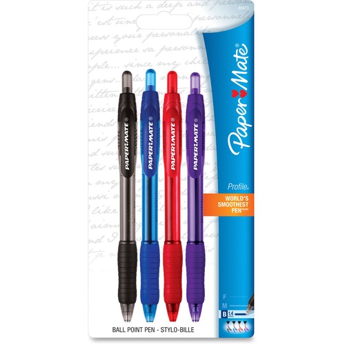 Paper Mate Profile Ballpoint Pen - 1.4 mm (0.06") Bold Pen Point - Refillable - Retractable - Black, Blue, Purple, Red Ink - Black, Blue, Purple, Red Barrel - 4 / Pack