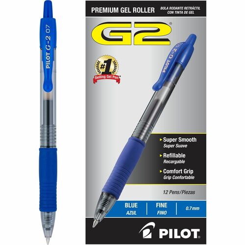 Pilot G2 Retractable Gel Ink Rollerball Pens - Fine Pen Point - 0.7 mm Pen Point Size - Refillable - Retractable - Blue Gel-based Ink - Clear Barrel - 1 Dozen