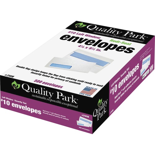 Quality Park Redi-Seal Security Window Envelopes - Single Window - #10 - 9 1/2" Width x 4 1/8" Length - 24 lb - Self-sealing - Wove - 500 / Box - White