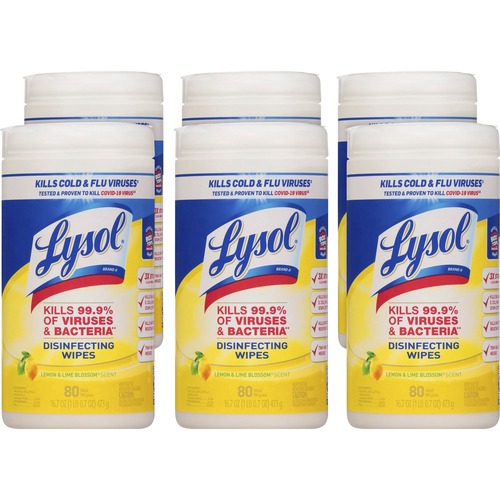 Lysol Disinfectant Wipe - Ready-To-Use - Lemon, Lime Blossom Scent - 7.25" Width x 7" Length - 80 / Canister - 6 / Carton - White
