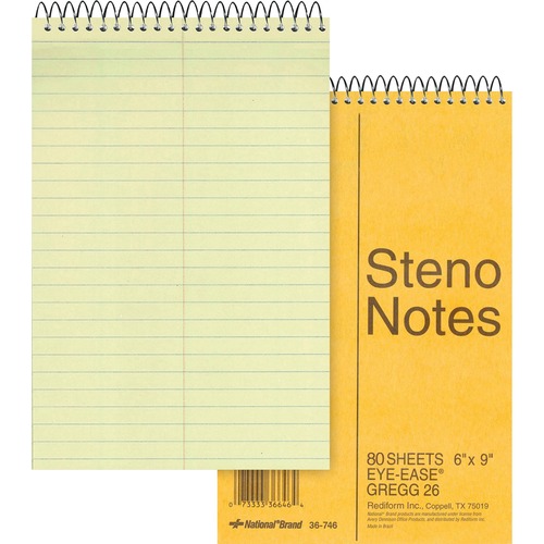 Rediform Steno Notebook - 80 Sheets - Wire Bound - Gregg Ruled Margin - 16 lb Basis Weight - 6" x 9" - Green Paper - BrownBoard Cover - Hard Cover, Rigid - 1 Each