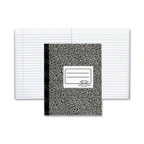 Rediform Xtreme White Notebook - 80 Sheets - Sewn - College Ruled - Ruled Red Margin - 7 7/8" x 10" - White Paper - Black Marble Cover - Subject - 1 Each