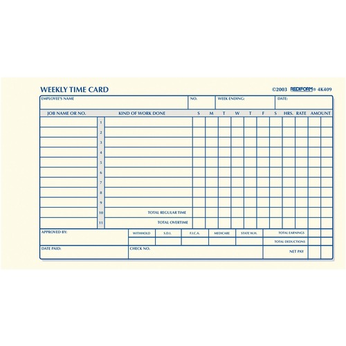 Rediform Weekly Time Cards - 1 Part - 7" x 4.25" Sheet Size - White - Manila Sheet(s) - 100 / Pad