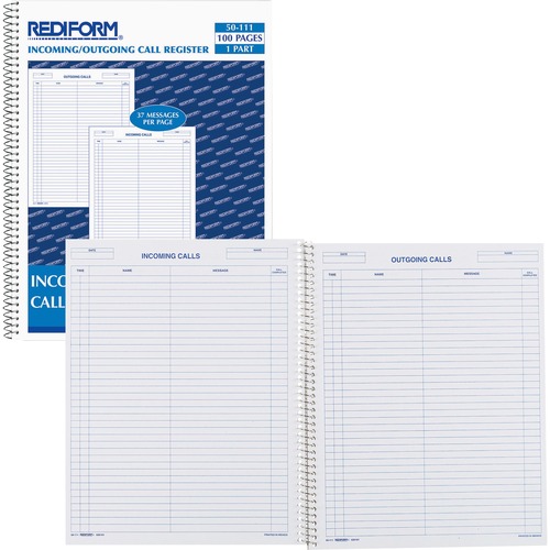 Rediform Incoming/Outgoing Call Register Book - 100 Sheet(s) - Wire Bound - 8.50" x 11" Sheet Size - White - White Sheet(s) - Blue Print Color - Recycled - 1 Each