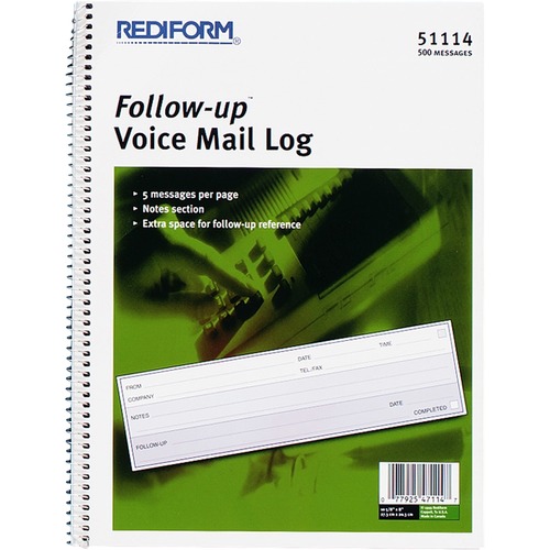 Rediform Follow-Up Voice Mail Log Book - 500 Sheet(s) - Wire Bound - 1 Part - 8" x 10.62" Sheet Size - White Sheet(s) - Blue Print Color - Recycled - 1 Each