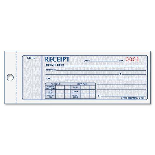 Rediform Money Receipt Collection Forms - 100 Sheet(s) - 2 PartCarbonless Copy - 7" x 2.75" Sheet Size - Assorted Sheet(s) - Black Print Color - 1 Each