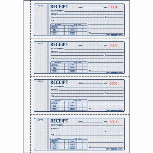 Rediform 3-part Carbonless Money Receipt Book - 100 Sheet(s) - Book Bound - 3 PartCarbonless Copy - 7" x 2.75" Sheet Size - Assorted Sheet(s) - Red, Blue Print Color - 1 Each