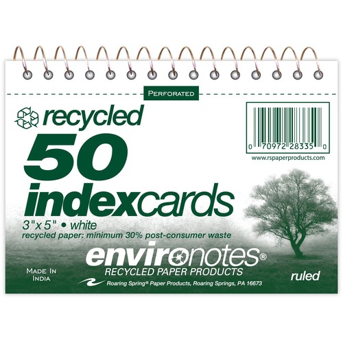 Roaring Spring Environotes Ruled Lined Perforated Spiralbound Recycled Index Cards - 50 Sheets - 100 Pages - Printed - Spiral Bound - Front Ruling Surface - 43 lb Basis Weight - 160 g/m² Grammage - 3 1/2" x 5" - 0.30" x 5" x 3.5" - White Paper - Recy
