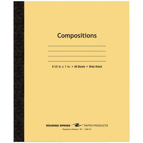 Roaring Spring Wide Ruled Flexible Cover Composition Book - 48 Sheets - 96 Pages - Printed - Sewn/Tapebound - Both Side Ruling Surface - 15 lb Basis Weight - 56 g/m² Grammage - 8 1/2" x 7" - 0.25" x 7" x 8.5" - White Paper - Black Binding - 1 Each