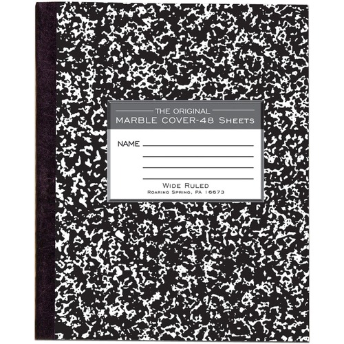 Roaring Spring Wide Ruled Flexible Cover Composition Book, 8.5" x 7" 48 Sheets, Black Marble - 48 Sheets - 96 Pages - Printed - Sewn/Tapebound - Both Side Ruling Surface - Red Margin - 15 lb Basis Weight - 56 g/m² Grammage - 8 1/2" x 7" - 0.25" x 7" 