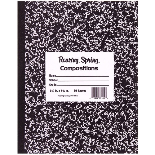 Roaring Spring Black Cover Flexcomp 10"x8" WM - 60 Sheets - 120 Pages - Printed - Sewn/Tapebound - Both Side Ruling Surface - Wide Ruled - Red Margin - 15 lb Basis Weight - 8" x 10" - 0.33" x 8" x 10.5" - White Paper - Black Binding - Black Marble Marble,