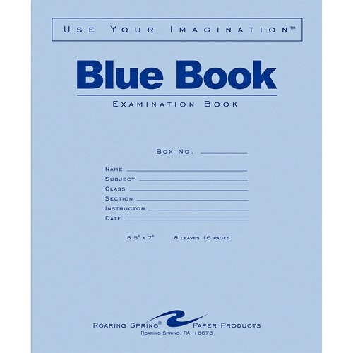 Roaring Spring Blue Book 8-sheet Exam Booklet - 8 Sheets - 16 Pages - Stapled/Glued - Red Margin - 15 lb Basis Weight - 7" x 8 1/2" - White Paper - Blue Cover - Flexible Cover - 50 / Pack