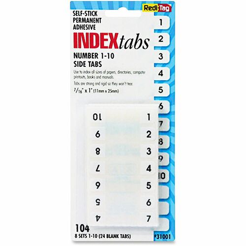 Redi-Tag Permanent Numbered Tab Indexes - 104 Printed Tab(s) - Digit - 1-10 - 1" Tab Height x 0.43" Tab Width - Self-adhesive, Permanent - White Plastic Tab(s) - 104 / Pack