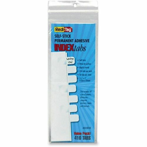 Redi-Tag Permanent Stick Write-On Index Tabs - 416 Write-on Tab(s) - 1" Tab Height x 0.43" Tab Width - Self-adhesive, Permanent - White Plastic Tab(s) - 416 / Pack