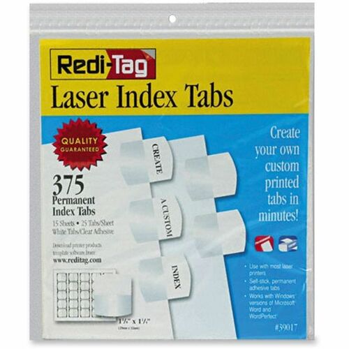 Redi-Tag Laser Printable Index Tabs - 375 Blank Tab(s) - 1.25" Tab Height x 1.12" Tab Width - Self-adhesive, Permanent - White Tab(s) - Non-toxic - 375 / Pack