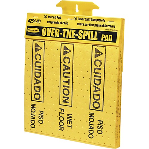 Rubbermaid Commercial Bilingual Over-The-Spill Pads - English, Spanish - Print/Message "Caution Wet Floor" - 14" Width x 14" Height - Wall Mountable - Strong, Absorbent, Portable - Indoor, Outdoor - Polypropylene - Yellow - 22 / Pack