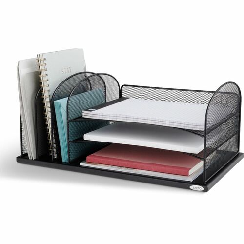 Safco Onyx 3 Tray/3 Upright Section Desk Organizer - 5 Compartment(s) - 8.3" Height x 19.5" Width x 11.5" Depth - Desktop - Black - Steel - 1 Each
