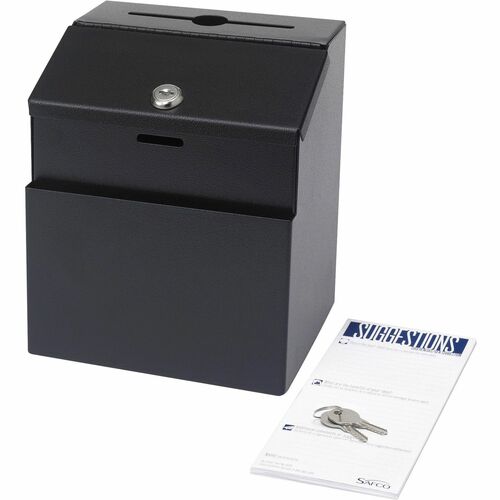 Safco Steel Suggestion Box - External Dimensions: 7.3" Width x 6" Depth x 8.5" Height - 25 x Card - Key Lock Closure - Steel - Black - 1 Each