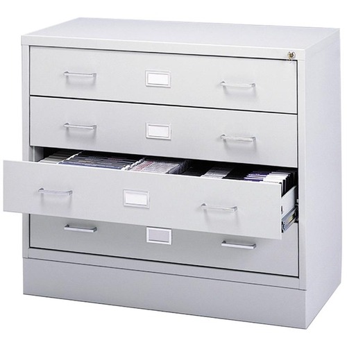 Safco Audio & Video Cabinet With Steel Rod Dividers - 90.72 kg Load Capacity - 27.75" (704.85 mm) Height x 37" (939.80 mm) Width x 17.50" (444.50 mm) Depth - Freestanding - Baked Enamel - Steel - Light Gray, Chrome - Security Lock, Sturdy, Key Lock, Label