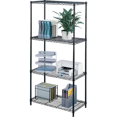 Safco Industrial Wire Shelving - 36" x 18" x 72" - 4 x Shelf(ves) - Rust Proof, Leveling Glide, Adjustable Leveler, Adjustable Feet, Dust Proof - Black - Powder Coated - Steel, Plastic - Assembly Required