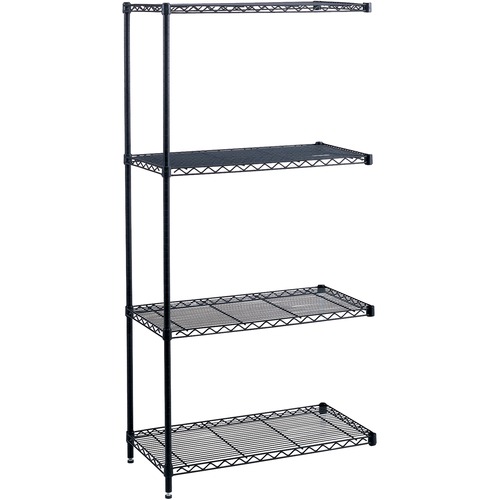 Safco Industrial Wire Shelving Add-On Unit - 36" x 18" x 72" - 4 x Shelf(ves) - Leveling Glide, Adjustable Leveler, Adjustable Feet, Dust Proof - Black - Powder Coated - Steel, Plastic - Assembly Required