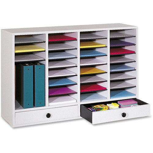 Safco Adjustable Compartment Literature Organizers - 32 Compartment(s) - 2 Drawer(s) - Compartment Size 2.50" x 9.50" x 11.50" - Drawer Size 2.75" x 17.50" - 25.4" Height x 39.4" Width x 11.8" Depth - Stackable - Laminate - Gray - Wood, Fiberboard, Hardwo