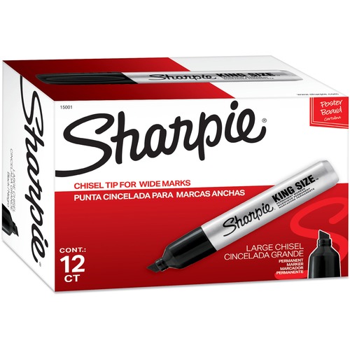 Sharpie King-Size Permanent Markers - Chisel Marker Point Style - Black - Silver Plastic Barrel - 12 / Dozen