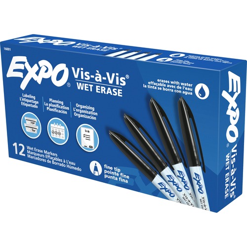 Expo Vis-A-Vis Wet-Erase Markers - Fine Marker Point - Retractable - Black - White Barrel - 12 / Dozen