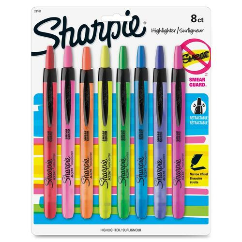 Sharpie Smear Guard Retractable Highlighters - Chisel Marker Point Style - Retractable - Assorted - Assorted Barrel - 8 / Set - Pen-Style Highlighters - SAN28101