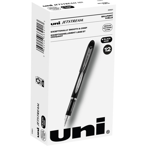 uni® Jetstream Ballpoint Pens - Medium Pen Point - 1 mm Pen Point Size - Refillable - Black Pigment-based Ink - Black Stainless Steel Barrel - 1 Dozen