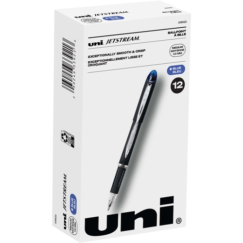 uni® Jetstream Ballpoint Pens - Medium Pen Point - 1 mm Pen Point Size - Blue Pigment-based Ink - Black Stainless Steel Barrel - 1 Dozen