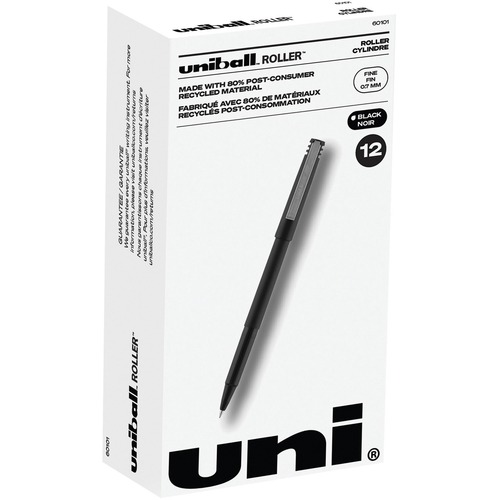 uni-ball Classic Rollerball Pens - Fine Pen Point - 0.7 mm Pen Point Size - Black - Black Stainless Steel Barrel - 12 / Dozen