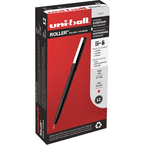 uni-ball Classic Rollerball Pens - Fine Pen Point - 0.7 mm Pen Point Size - Red - Black Stainless Steel Barrel - 12 / Dozen