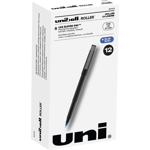 uni-ball Classic Rollerball Pens - Fine Pen Point - 0.7 mm Pen Point Size - Blue - Black Stainless Steel Barrel - 12 / Dozen