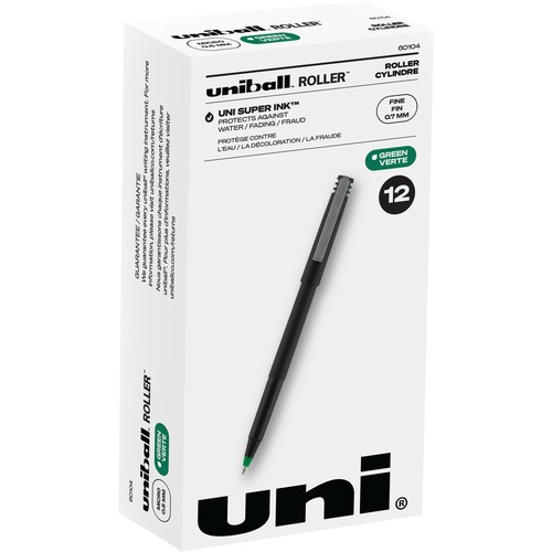 uniball™ Roller Rollerball Pen - Fine Pen Point - 0.7 mm Pen Point Size - Green - Black Stainless Steel Barrel - 1 Dozen