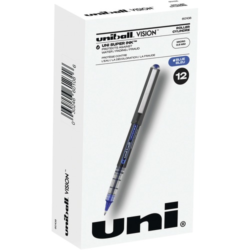 uni-ball Vision Rollerball Pens - Micro Pen Point - 0.5 mm Pen Point Size - Blue - 12 / Dozen