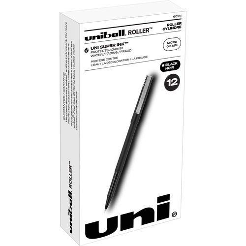 uni-ball Classic Rollerball Pens - Micro Pen Point - 0.5 mm Pen Point Size - Black Water Based Ink - Black Stainless Steel Barrel - 12 / Dozen