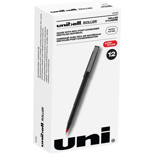 uni-ball Classic Rollerball Pens - Micro Pen Point - 0.5 mm Pen Point Size - Red Water Based Ink - Black Stainless Steel Barrel - 12 / Dozen