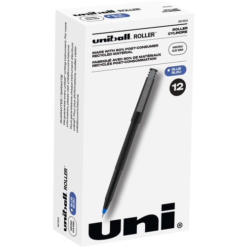 uni-ball Classic Rollerball Pens - Micro Pen Point - 0.5 mm Pen Point Size - Blue Water Based Ink - Black Stainless Steel Barrel - 12 / Dozen