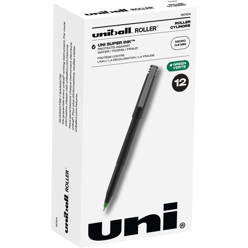 uni-ball Classic Rollerball Pens - Micro Pen Point - 0.5 mm Pen Point Size - Green - Black Stainless Steel Barrel - 12 / Dozen